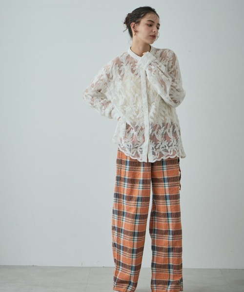 ローズバッド ROSE BUD 24SS シアーレース刺繍 シャツ ブラウス 茶 ローズバッド ROSE BUD 24SS シアーレース刺繍 シャツ ブラウス