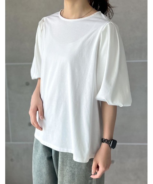 Re:EDIT（リエディ）の「[二の腕カバー]五分袖バルーンスリーブTシャツ（Tシャツ/カットソー・レディース・ブラック/ホワイト・MEDIUM/LARGE）」の11枚目の写真