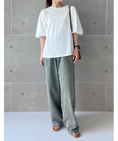 Re:EDIT（リエディ）の「[二の腕カバー]五分袖バルーンスリーブTシャツ（Tシャツ/カットソー・レディース・ブラック/ホワイト・MEDIUM/LARGE）」の12枚目の写真