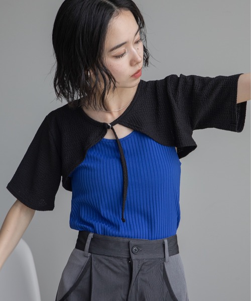 VACANCY（ヴァカンシー）の「レイヤーライクドッキングジャガードトップス（Tシャツ/カットソー・レディース・ブラック/ブルー・FREE）」の7枚目の写真