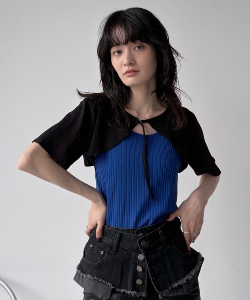 VACANCY（ヴァカンシー）の「レイヤーライクドッキングジャガードトップス（Tシャツ/カットソー・レディース・ブラック/ブルー・FREE）」の18枚目の写真