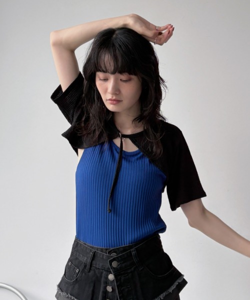 VACANCY（ヴァカンシー）の「レイヤーライクドッキングジャガードトップス（Tシャツ/カットソー・レディース・ブラック/ブルー・FREE）」の21枚目の写真