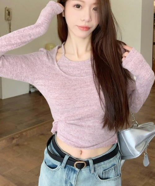Achic(アシック)の「ベルスリーブ フィット感ニットトップス(Tシャツ/カットソー・レディース・パープル/ベージュ・M)」の10枚目の写真