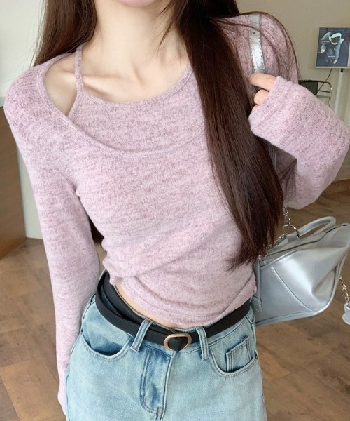 Achic(アシック)の「ベルスリーブ フィット感ニットトップス(Tシャツ/カットソー・レディース・パープル/ベージュ・M)」の12枚目の写真