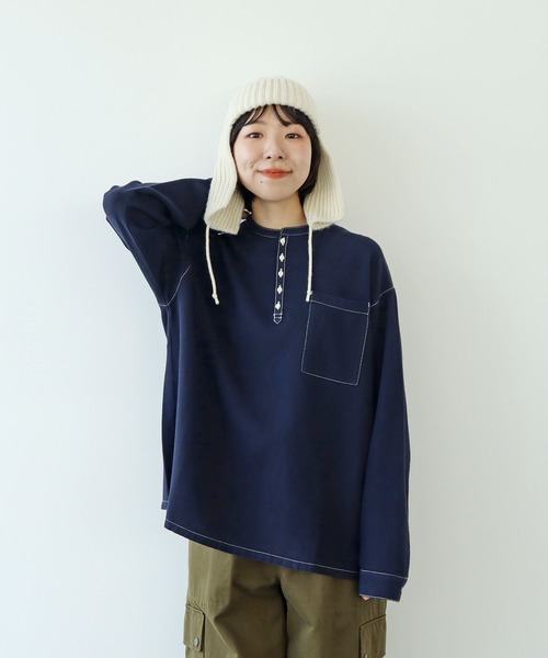 PAR ICI（パーリッシィ）の「コットンウールワッフル スリーピングシャツ（シャツ/ブラウス・レディース・アイボリー/ネイビー・FREE）」の2枚目の写真