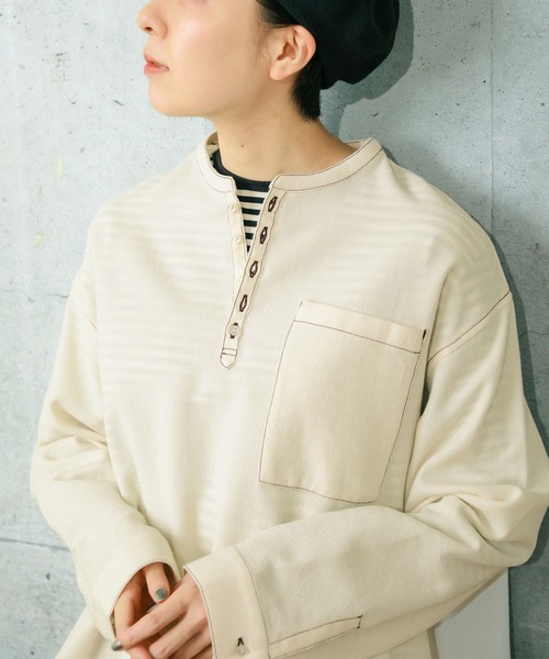 PAR ICI（パーリッシィ）の「コットンウールワッフル スリーピングシャツ（シャツ/ブラウス・レディース・アイボリー/ネイビー・FREE）」の8枚目の写真