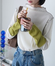【forksy.】<エブリデイシリーズ>袖口配色プリーツメロー切替シアートップス