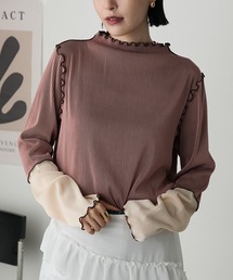【forksy.】<エブリデイシリーズ>袖口配色プリーツメロー切替シアートップス