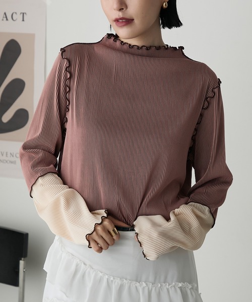 forksy.(フォルクシー)の「【forksy.】袖口配色プリーツメロー切替シアートップス(Tシャツ/カットソー・レディース・グレー/ブラック/ホワイト/ピンク/ホワイト系1/ライトグレー/ダークグリーン/チョコ・FREE)」の8枚目の写真