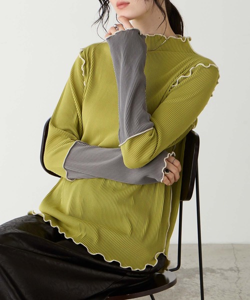 forksy.(フォルクシー)の「【forksy.】<エブリデイシリーズ>袖口配色プリーツメロー切替シアートップス(Tシャツ/カットソー・レディース・グレー/ブラック/ホワイト/ピンク/ホワイト系1/ライトグレー/ダークグリーン/チョコ/アイボリー/モカ/イエロー・FREE)」の10枚目の写真