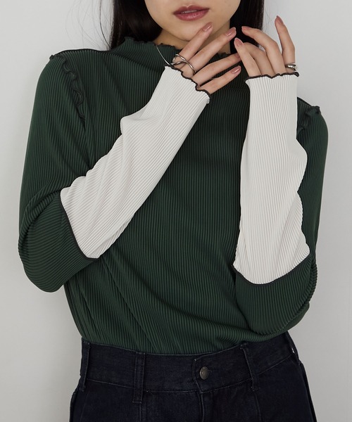 forksy.(フォルクシー)の「【forksy.】袖口配色プリーツメロー切替シアートップス(Tシャツ/カットソー・レディース・グレー/ブラック/ホワイト/ピンク/ホワイト系1/ライトグレー/ダークグリーン/チョコ・FREE)」の7枚目の写真