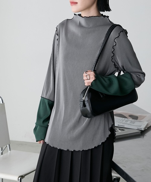 forksy.(フォルクシー)の「【forksy.】袖口配色プリーツメロー切替シアートップス(Tシャツ/カットソー・レディース・グレー/ブラック/ホワイト/ピンク/ホワイト系1/ライトグレー/ダークグリーン/チョコ・FREE)」の17枚目の写真