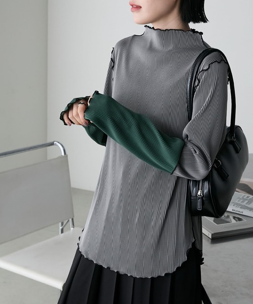 forksy.(フォルクシー)の「【forksy.】袖口配色プリーツメロー切替シアートップス(Tシャツ/カットソー・レディース・グレー/ブラック/ホワイト/ピンク/ホワイト系1/ライトグレー/ダークグリーン/チョコ・FREE)」の18枚目の写真