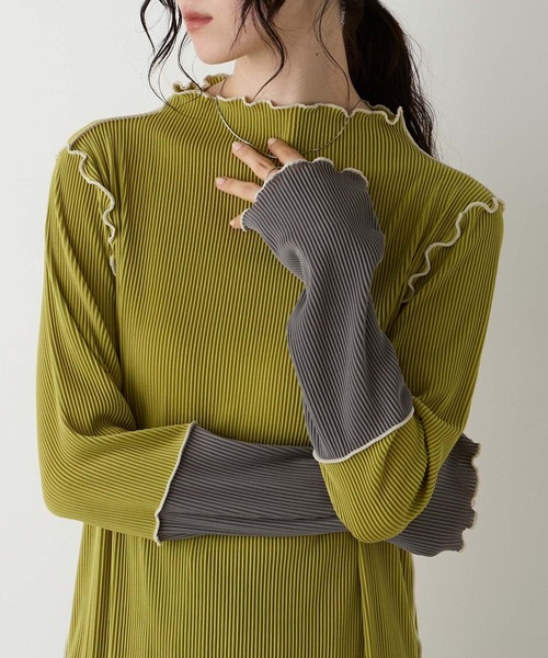forksy.(フォルクシー)の「【forksy.】<エブリデイシリーズ>袖口配色プリーツメロー切替シアートップス(Tシャツ/カットソー・レディース・グレー/ブラック/ホワイト/ピンク/ホワイト系1/ライトグレー/ダークグリーン/チョコ/アイボリー/モカ/イエロー・FREE)」の12枚目の写真