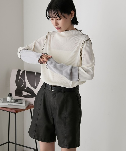 forksy.(フォルクシー)の「【forksy.】袖口配色プリーツメロー切替シアートップス(Tシャツ/カットソー・レディース・グレー/ブラック/ホワイト/ピンク/ホワイト系1/ライトグレー/ダークグリーン/チョコ・FREE)」の20枚目の写真