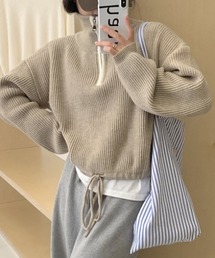 配色使いハーフジップリボン結びニット長袖プルオーバー