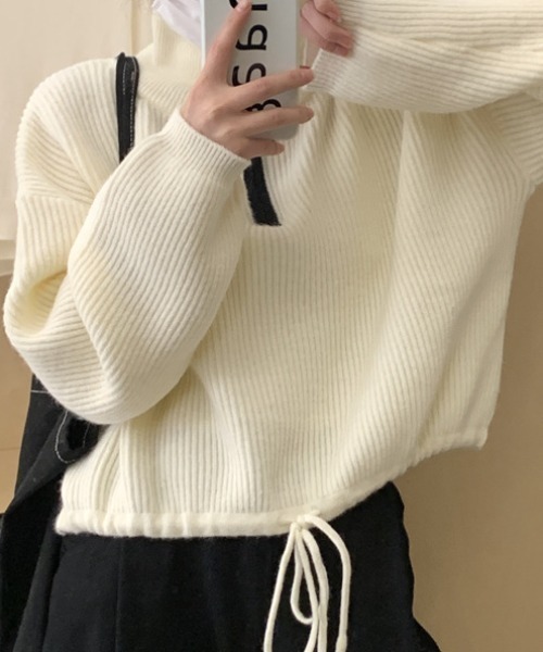 【セール】配色使いハーフジップリボン結びニット長袖プルオーバー（ニット/セーター）｜deux amour（ドゥーザムール）