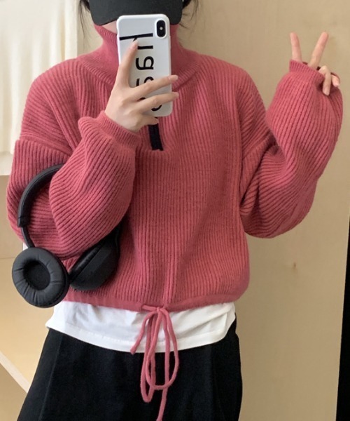 【セール】配色使いハーフジップリボン結びニット長袖プルオーバー（ニット/セーター）｜deux amour（ドゥーザムール）