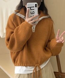 配色使いハーフジップリボン結びニット長袖プルオーバー