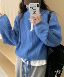配色使いハーフジップリボン結びニット長袖プルオーバー