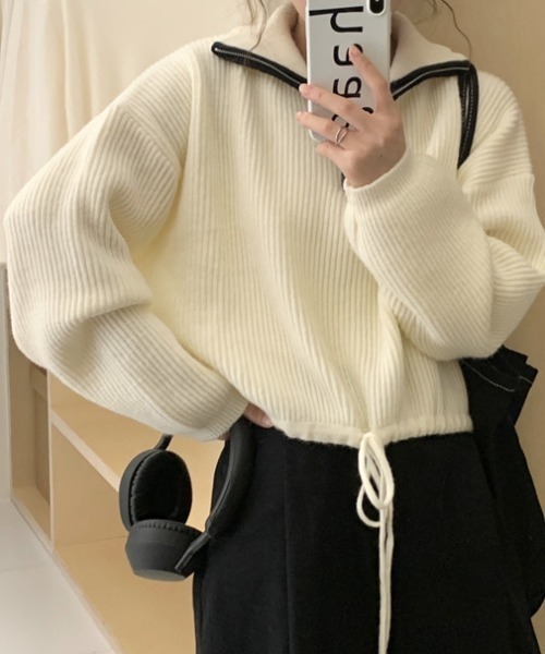 【セール】配色使いハーフジップリボン結びニット長袖プルオーバー（ニット/セーター）｜deux amour（ドゥーザムール）