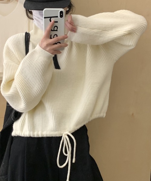 【セール】配色使いハーフジップリボン結びニット長袖プルオーバー（ニット/セーター）｜deux amour（ドゥーザムール）