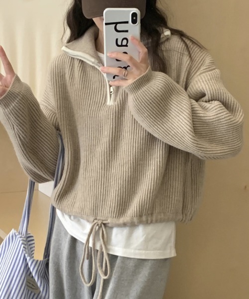 【セール】配色使いハーフジップリボン結びニット長袖プルオーバー（ニット/セーター）｜deux amour（ドゥーザムール）