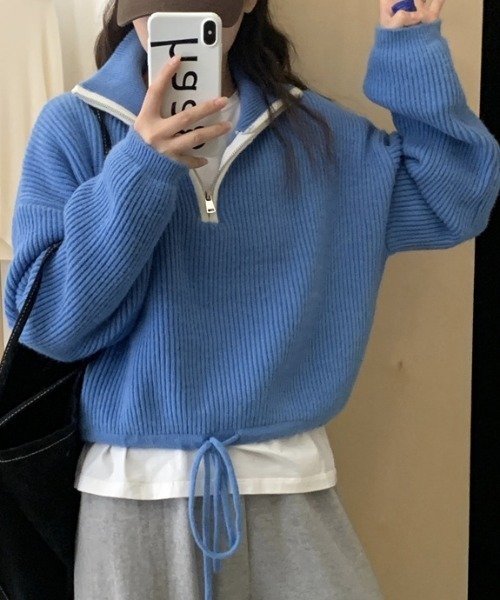 【セール】配色使いハーフジップリボン結びニット長袖プルオーバー（ニット/セーター）｜deux amour（ドゥーザムール）