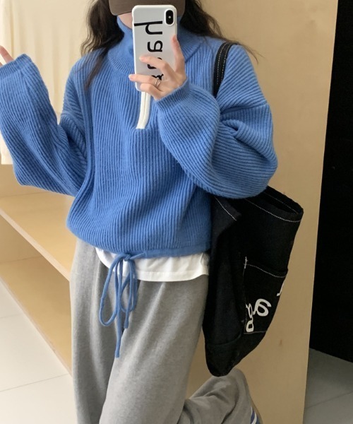 【セール】配色使いハーフジップリボン結びニット長袖プルオーバー（ニット/セーター）｜deux amour（ドゥーザムール）