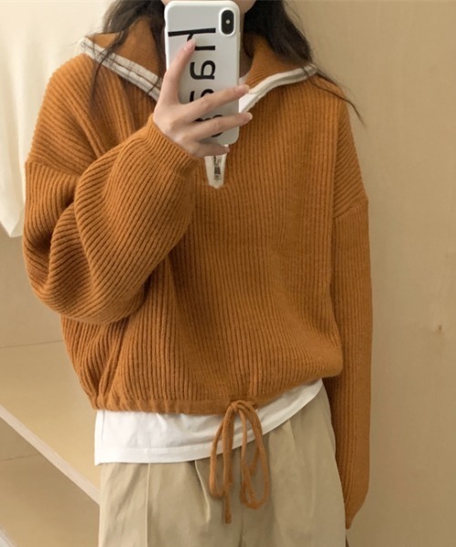 【セール】配色使いハーフジップリボン結びニット長袖プルオーバー（ニット/セーター）｜deux amour（ドゥーザムール）