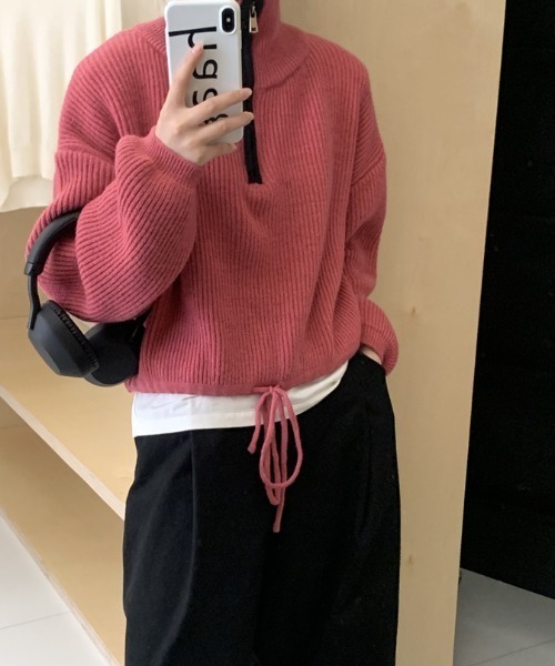 【セール】配色使いハーフジップリボン結びニット長袖プルオーバー（ニット/セーター）｜deux amour（ドゥーザムール）