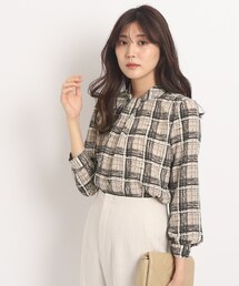 ◆【洗える】チェック柄ボウタイ風ブラウス