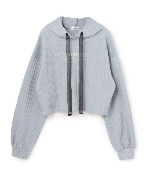 Amourire girl（アムリールガール）の「ケーブル編み風 チュールリボンパーカー(130cm～160cm)（パーカー・キッズ・サックスブルー/オフホワイト・130cm/140cm/150cm/160cm）」の4枚目の写真