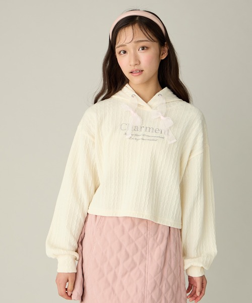 Amourire girl（アムリールガール）の「ケーブル編み風 チュールリボンパーカー(130cm～160cm)（パーカー・キッズ・サックスブルー/オフホワイト・130cm/140cm/150cm/160cm）」の12枚目の写真