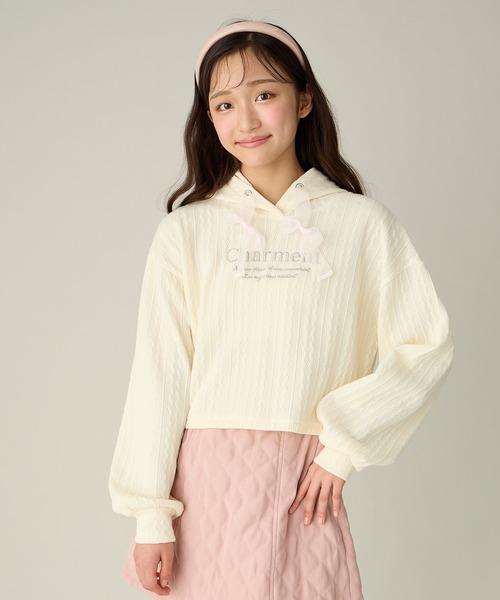 Amourire girl（アムリールガール）の「ケーブル編み風 チュールリボンパーカー(130cm～160cm)（パーカー・キッズ・サックスブルー/オフホワイト・130cm/140cm/150cm/160cm）」の13枚目の写真