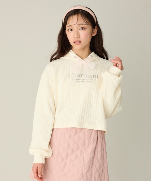 Amourire girl（アムリールガール）の「ケーブル編み風 チュールリボンパーカー(130cm～160cm)（パーカー・キッズ・サックスブルー/オフホワイト・130cm/140cm/150cm/160cm）」の11枚目の写真