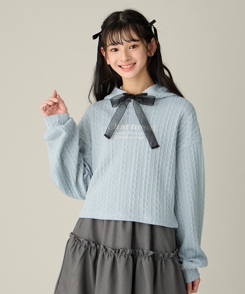 Amourire girl（アムリールガール）の「ケーブル編み風 チュールリボンパーカー(130cm～160cm)（パーカー・キッズ・サックスブルー/オフホワイト・130cm/140cm/150cm/160cm）」の19枚目の写真