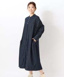 デニム スタンドカラー前開きコクーンワンピース