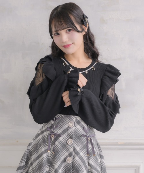 新色追加】ネックレス付肩ボリュームフリルニットトップス（ニット