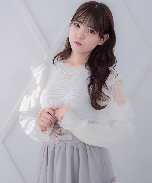 ROJITA ロジータ ニットトップス ロジータ ROJITA ネックレス付肩ボリュームフリルニットトップス