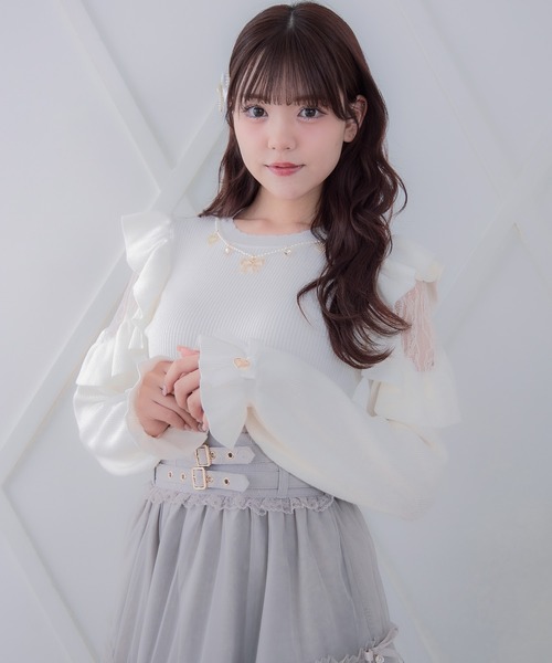 セール】【新色追加】ネックレス付肩ボリュームフリルニットトップス