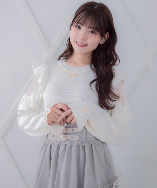 セール】【新色追加】ネックレス付肩ボリュームフリルニットトップス