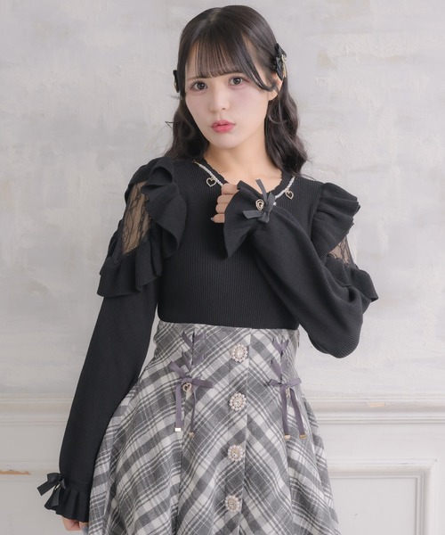 GUCCI フリルリボンセーター S セール】【新色追加】ネックレス付肩ボリュームフリルニットトップス