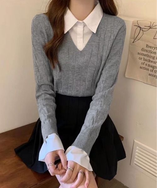 kirakiraShop（キラキラショップ）の「ブラウス レイヤード風 ニット トップス（ニット/セーター・レディース・ベージュ/ブラック/グレー・FREE）」の3枚目の写真