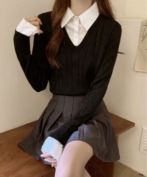 kirakiraShop（キラキラショップ）の「ブラウス レイヤード風 ニット トップス（ニット/セーター・レディース・ベージュ/ブラック/グレー・FREE）」の5枚目の写真