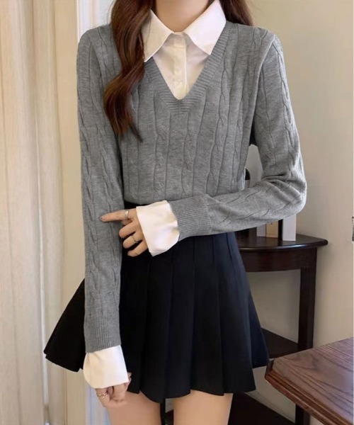 kirakiraShop（キラキラショップ）の「ブラウス レイヤード風 ニット トップス（ニット/セーター・レディース・ベージュ/ブラック/グレー・FREE）」の8枚目の写真