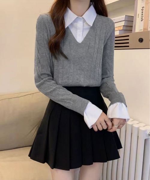 kirakiraShop（キラキラショップ）の「ブラウス レイヤード風 ニット トップス（ニット/セーター・レディース・ベージュ/ブラック/グレー・FREE）」の9枚目の写真