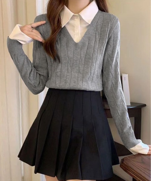 kirakiraShop（キラキラショップ）の「ブラウス レイヤード風 ニット トップス（ニット/セーター・レディース・ベージュ/ブラック/グレー・FREE）」の10枚目の写真