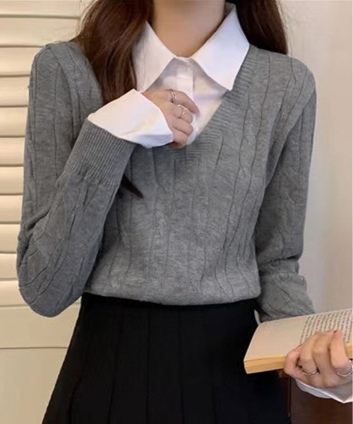 kirakiraShop（キラキラショップ）の「ブラウス レイヤード風 ニット トップス（ニット/セーター・レディース・ベージュ/ブラック/グレー・FREE）」の7枚目の写真