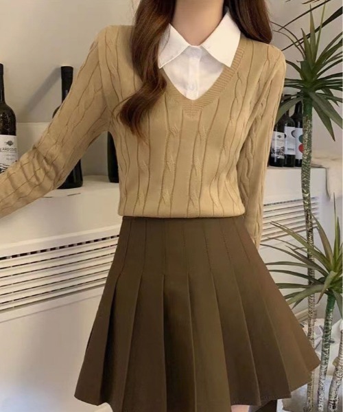 kirakiraShop（キラキラショップ）の「ブラウス レイヤード風 ニット トップス（ニット/セーター・レディース・ベージュ/ブラック/グレー・FREE）」の14枚目の写真